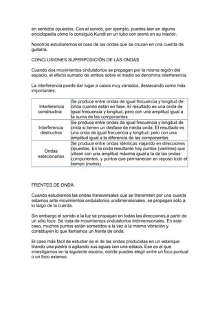 en sentidos opuestos. Con el sonido, por ejemplo, puedes leer en alguna
enciclopedia cómo lo consiguió Kundt en un tubo con arena en su interior.

Nosotros estudiaremos el caso de las ondas que se cruzan en una cuerda de
guitarra.

CONCLUSIONES SUPERPOSICIÓN DE LAS ONDAS

Cuando dos movimientos ondulatorios se propagan por la misma región del
espacio, el efecto sumado de ambos sobre el medio se denomina interferencia.

La interferencia puede dar lugar a casos muy variados, destacando como más
importantes:

                    Se produce entre ondas de igual frecuencia y longitud de
    Interferencia   onda cuando están en fase. El resultado es una onda de
   constructiva     igual frecuencia y longitud, pero con una amplitud igual a
                    la suma de las componentes
                    Se produce entre ondas de igual frecuencia y longitud de
   Interferencia    onda si tienen un desfase de media onda. El resultado es
    destructiva     una onda de igual frecuencia y longitud, pero con una
                    amplitud igual a la diferencia de las componentes
                    Se produce entre ondas idénticas viajando en direcciones
                    opuestas. En la onda resultante hay puntos (vientres) que
      Ondas
                    vibran con una amplitud máxima igual a la de las ondas
   estacionarias
                    componentes, y puntos que permanecen en reposo todo el
                    tiempo (nodos)



FRENTES DE ONDA

Cuando estudiamos las ondas transversales que se transmiten por una cuerda
estamos ante movimientos ondulatorios unidimensionales, se propagan sólo a
lo largo de la cuerda.

Sin embargo el sonido o la luz se propagan en todas las direcciones a partir de
un sólo foco. Se trata de movimientos ondulatorios tridimensionales. En este
caso, muchos puntos están sometidos a la vez a la misma vibración y
constituyen lo que llamamos un frente de onda.

El caso más fácil de estudiar es el de las ondas producidas en un estanque
tirando una piedra o agitando sus aguas con una estaca. Ese es el que
investigamos en la siguiente escena, donde puedes elegir entre un foco puntual
o un foco extenso.
 