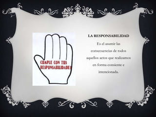 LA RESPONSABILIDAD

      Es el asumir las
  consecuencias de todos
aquellos actos que realizamos
    en forma consiente e
       intencionada.
 