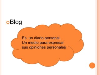 Blog


    Es un diario personal.
    Un medio para expresar
    sus opiniones personales
 