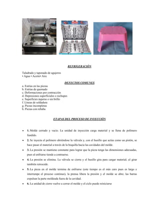 REFRIGERACIÓN
Taladrado y taponado de agujeros
• Agua • Aceite• Aire
DEFECTOS COMUNES
a. Estrías en las piezas
b. Estrías de quemado
c. Deformaciones por contracción
d. Depresiones superficiales o rechupes
e. Superficies ásperas o sin brillo
f. Líneas de soldadura
g. Piezas incompletas
h. Piezas con rebaba
ETAPAS DEL PROCESO DE INYECCIÓN
 1. Molde cerrado y vacío. La unidad de inyección carga material y se llena de polímero
fundido.
 2. Se inyecta el polímero abriéndose la válvula y, con el husillo que actúa como un pistón, se
hace pasar el material a través de la boquilla hacia las cavidades del molde.
 3. La presión se mantiene constante para lograr que la pieza tenga las dimensiones adecuadas,
pues al enfriarse tiende a contraerse.
 4. La presión se elimina. La válvula se cierra y el husillo gira para cargar material; al girar
también retrocede.
 5. La pieza en el molde termina de enfriarse (este tiempo es el más caro pues es largo e
interrumpe el proceso continuo), la prensa libera la presión y el molde se abre; las barras
expulsan la parte moldeada fuera de la cavidad.
 6. La unidad de cierre vuelve a cerrar el molde y el ciclo puede reiniciarse
 