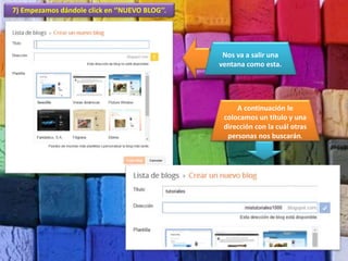 7) Empezamos dándole click en ‘’NUEVO BLOG’’.
Nos va a salir una
ventana como esta.
A continuación le
colocamos un título y una
dirección con la cuál otras
personas nos buscarán.
 
