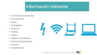 Información relevante
• Contenidos-conceptos
• Cronograma
• logros
• Fotografías
• Podcast
• Videos
• Logros
• Talleres-actividades
• Enlaces relacionados
• lecturas
• Comentarios
Transformamos la Educación para crear Sueños y Oportunidades
 
