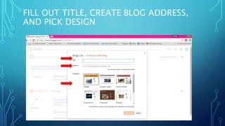 FILL OUT TITLE, CREATE BLOG ADDRESS,
AND PICK DESIGN
 