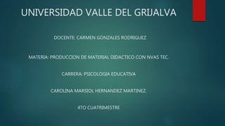 UNIVERSIDAD VALLE DEL GRIJALVA
DOCENTE: CARMEN GONZALES RODRIGUEZ
MATERIA: PRODUCCION DE MATERIAL DIDACTICO CON NVAS TEC.
CARRERA: PSICOLOGIA EDUCATIVA
CAROLINA MARSIOL HERNANDEZ MARTINEZ.
4TO CUATRIMESTRE
 