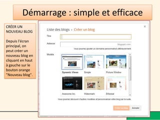 Démarrage : simple et efficace
CRÉER UN
NOUVEAU BLOG

Depuis l'écran
principal, on
peut créer un
nouveau blog en
cliquant en haut
à gauche sur le
bouton orange
"Nouveau blog".
 