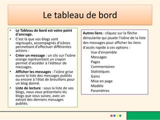 Le tableau de bord
•   Le Tableau de bord est votre point
    d'ancrage.                                Autres liens : cliquez sur la flèche
•   C'est là que vos blogs sont               déroulante qui jouxte l'icône de la liste
    regroupés, accompagnés d'icônes           des messages pour afficher les liens
    permettant d'effectuer différentes        d'accès rapide à ces options :
    actions :                                      Vue d'ensemble
•   Créer un message : un clic sur l'icône         Messages
    orange représentant un crayon
    permet d'accéder à l'éditeur de                Pages
    messages.                                      Commentaires
•   Afficher les messages : l'icône grise          Statistiques
    ouvre la liste des messages publiés            Gains
    ou encore à l'état de brouillons pour          Mise en page
    un blog donné.
                                                   Modèle
•   Liste de lecture : sous la liste de vos
    blogs, nous vous présentons les                Paramètres
    blogs que vous suivez, avec un
    extrait des derniers messages
    publiés.
 