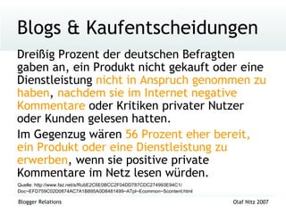 Blogs & Kaufentscheidungen Dreißig Prozent der deutschen Befragten gaben an, ein Produkt nicht gekauft oder eine Dienstleistung  nicht in Anspruch genommen zu haben ,  nachdem sie im Internet negative Kommentare  oder Kritiken privater Nutzer oder Kunden gelesen hatten.  Im Gegenzug wären  56 Prozent eher bereit, ein Produkt oder eine Dienstleistung zu erwerben , wenn sie positive private Kommentare im Netz lesen würden. Quelle: http://www.faz.net/s/RubE2C6E0BCC2F04DD787CDC274993E94C1/ Doc~EFD759C02D0874AC7A1B895A0D8481499~ATpl~Ecommon~Scontent.html 