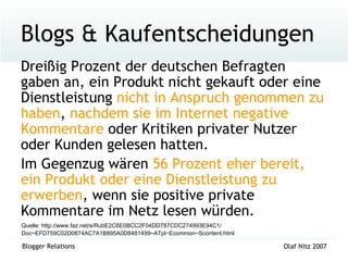Blogs & Kaufentscheidungen <ul><li>Dreißig Prozent der deutschen Befragten gaben an, ein Produkt nicht gekauft oder eine D...