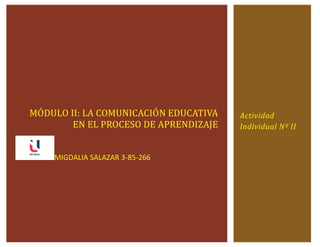 MOÓ DULO II: LA COMUNICACIOÓ N EDUCATIVA
EN EL PROCESO DE APRENDIZAJE
MIGDALIA SALAZAR 3-85-266
Actividad
Individual Nº II
 
