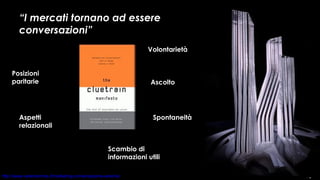 “ I mercati tornano ad essere conversazioni” Posizioni paritarie Scambio di informazioni utili Ascolto Volontarietà Aspetti relazionali Spontaneità 