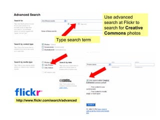 You can now see the video you embedded. Finish your post as you normally would, and publish. Use advanced search at Flickr to search for  Creative Commons  photos http://www.flickr.com/search/advanced Type search term 