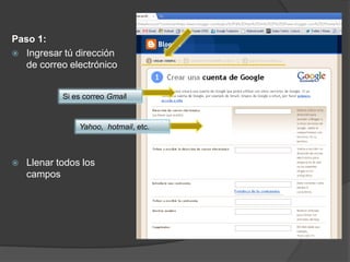 Paso 1:
 Ingresar tú dirección
   de correo electrónico


            Si es correo Gmail


                Yahoo, hotmail, etc.



   Llenar todos los
    campos
 