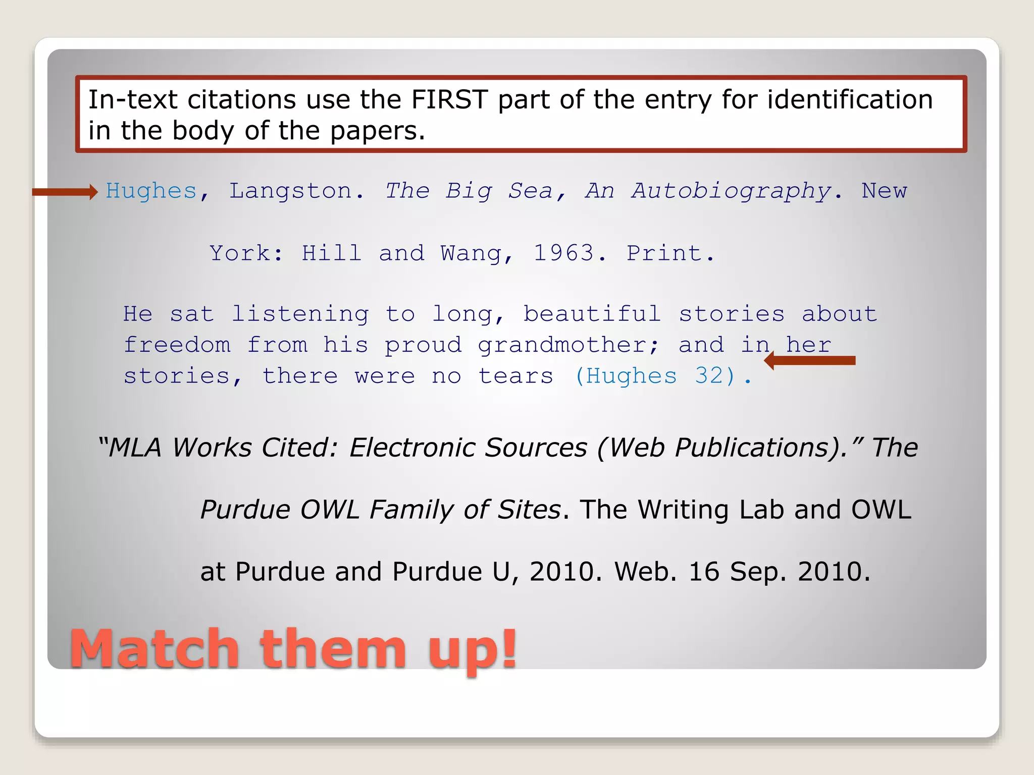 Match them up!
In-text citations use the FIRST part of the entry for identification
in the body of the papers.
He sat listening to long, beautiful stories about
freedom from his proud grandmother; and in her
stories, there were no tears (Hughes 32).
Hughes, Langston. The Big Sea, An Autobiography. New
York: Hill and Wang, 1963. Print.
“MLA Works Cited: Electronic Sources (Web Publications).” The
Purdue OWL Family of Sites. The Writing Lab and OWL
at Purdue and Purdue U, 2010. Web. 16 Sep. 2010.
 