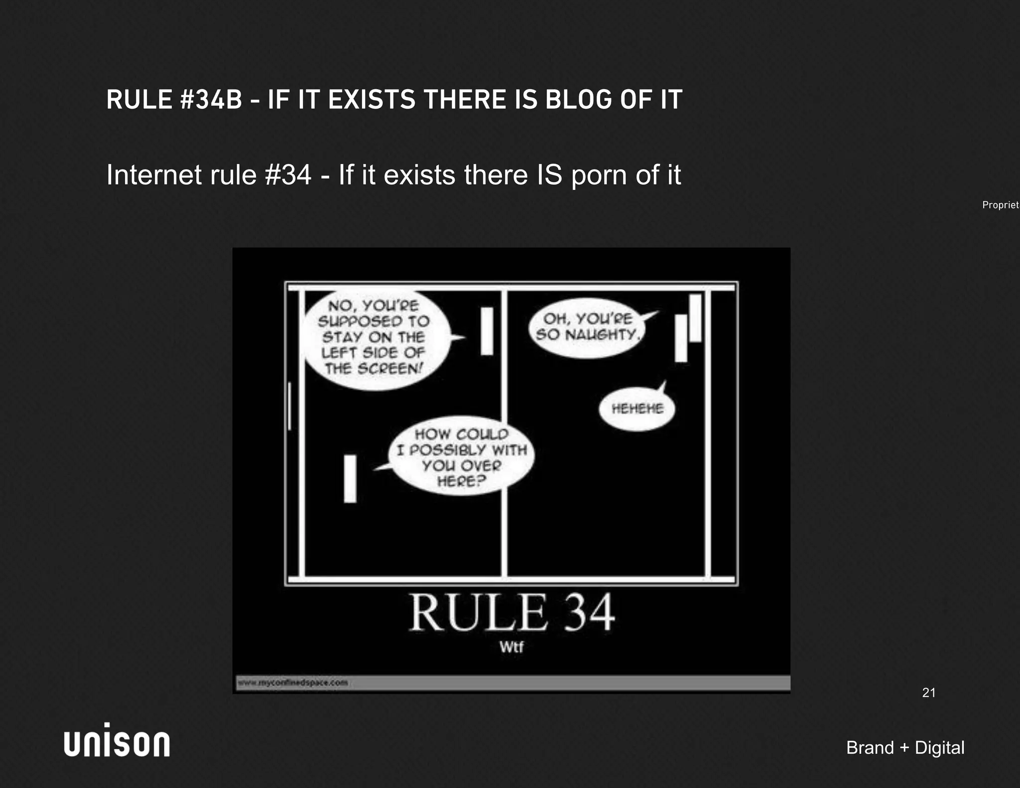 Internet rule #34 - If it exists there IS porn of it




                                                                21



                                                       Brand + Digital
 