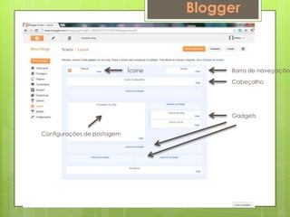Blogger



                            Ícone        Barra de navegação

                                         Cabeçalho




                                         Gadgets


Configurações de postagem
 