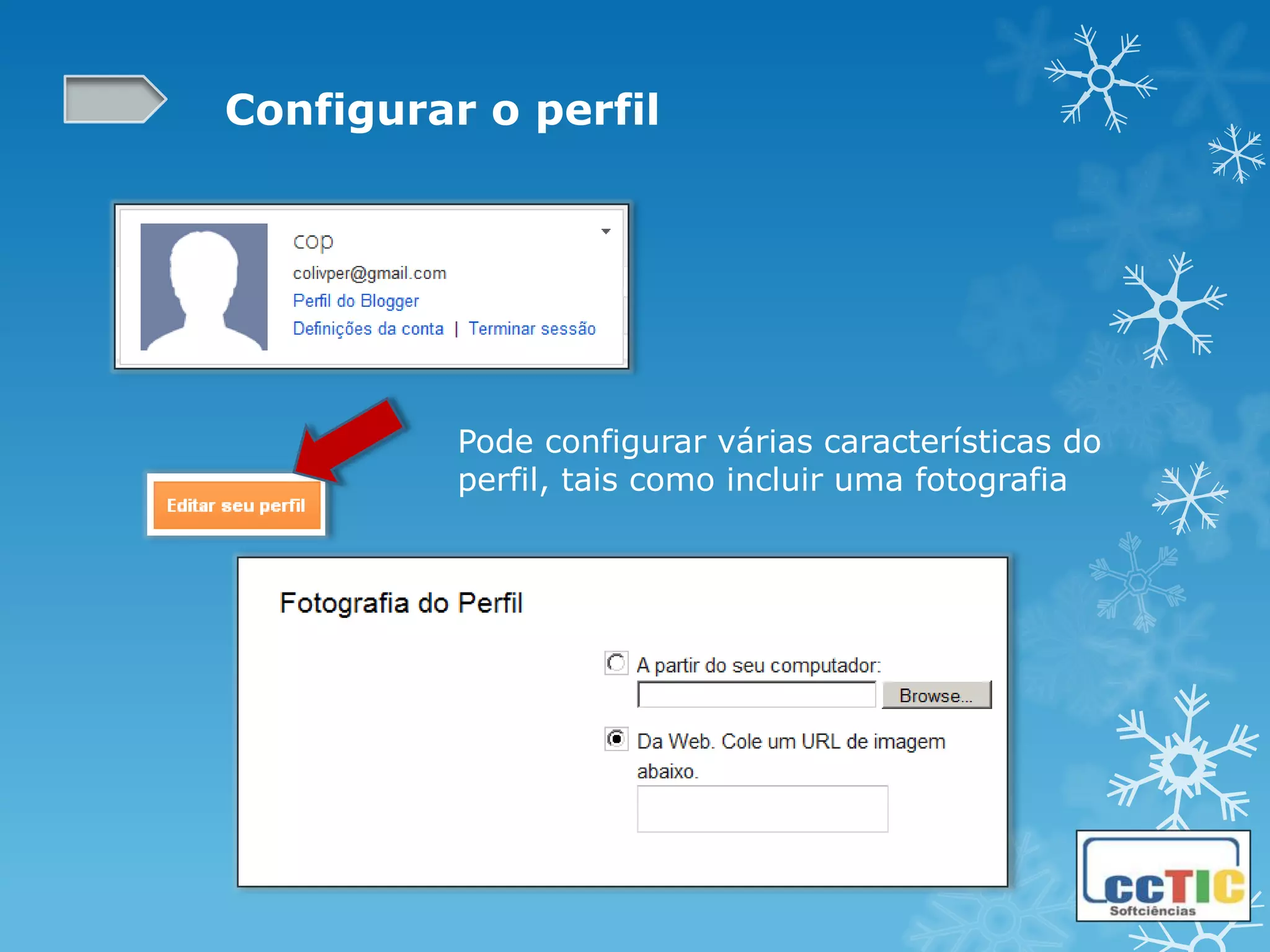 Configurar o perfil




          Pode configurar várias características do
          perfil, tais como incluir uma fotografia
 