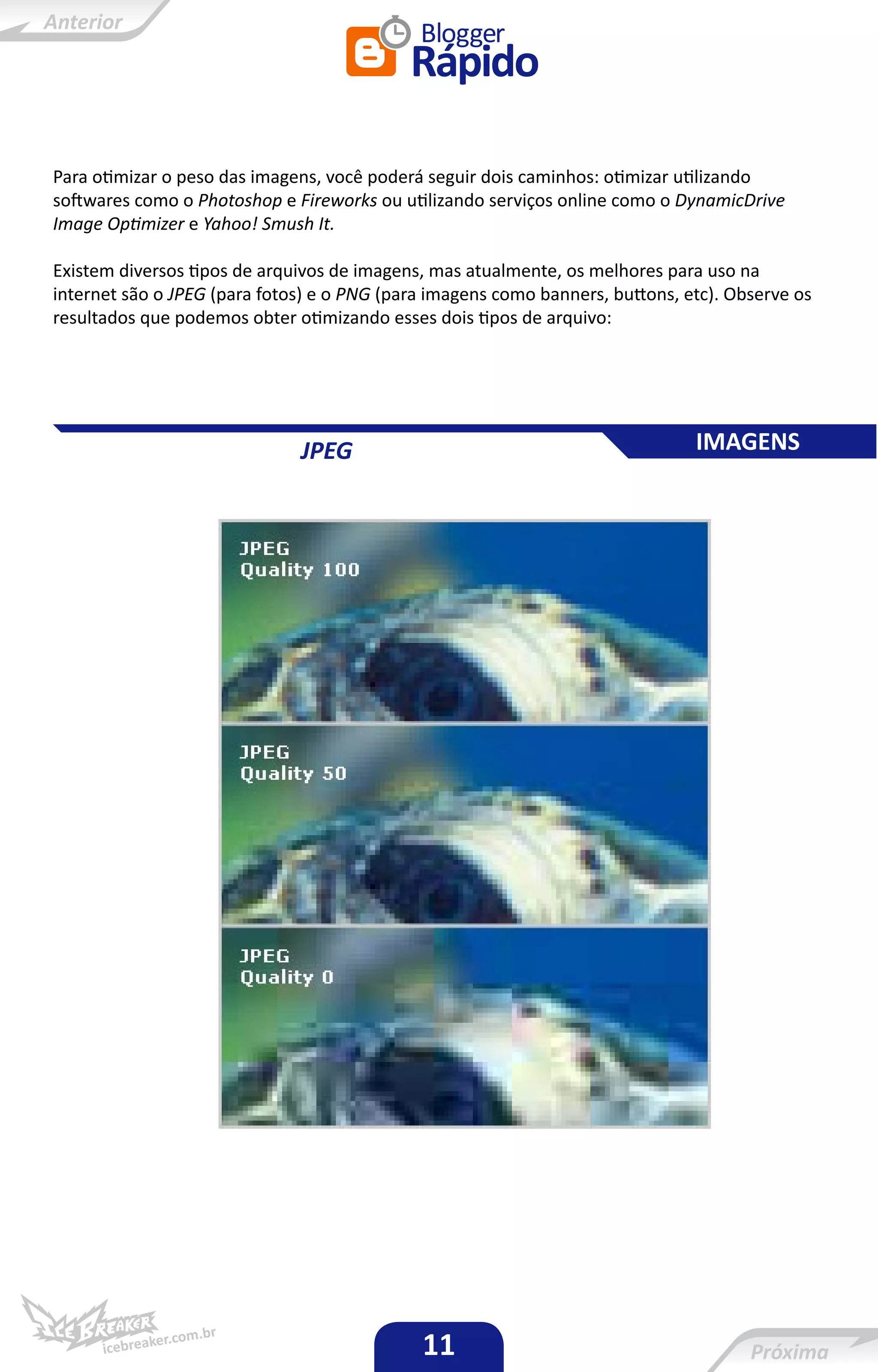 Para otimizar o peso das imagens, você poderá seguir dois caminhos: otimizar utilizando
softwares como o Photoshop e Fireworks ou utilizando serviços online como o DynamicDrive
Image Optimizer e Yahoo! Smush It.

Existem diversos tipos de arquivos de imagens, mas atualmente, os melhores para uso na
internet são o JPEG (para fotos) e o PNG (para imagens como banners, buttons, etc). Observe os
resultados que podemos obter otimizando esses dois tipos de arquivo:




                              JPEG                                             IMAGENS




                                             11
 
