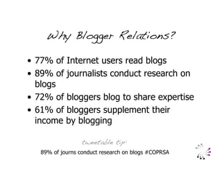 Why Blogger Relations?

• 77% of Internet users read blogs
• 89% of journalists conduct research on
  blogs
• 72% of blogg...