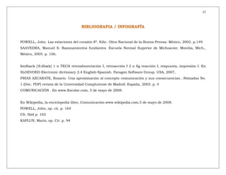 17
POWELL, John. Las estaciones del corazón 8ª. Edic. Obra Nacional de la Buena Prensa: México, 2002. p.149
SAAVEDRA, Manuel S. Razonamientos fundantes. Escuela Normal Superior de Michoacán: Morelia, Mich.,
México, 2005. p. 106.
feedback ['fi:dbæk] 1 n TECH retroalimentación f, retroacción f 2 n fig reacción f, respuesta, impresión f. En
SLOEVOED Electronic dictionary 2.4 English-Spanish. Paragon Software Group. USA, 2007,
FRIAS AZCARATE, Rosario. Una aproximación al concepto comunicación y sus consecuencias…Nómadas No.
1 (Doc. PDF) revista de la Universidad Complutense de Madrid: España, 2003. p. 4
COMUNICACIÓN . En www.Escolar.com, 5 de mayo de 2008.
En Wikipedia, la enciclopedia libre, Comunicación.www.wikipedia.com.5 de mayo de 2008.
POWELL, John, op. cit. p. 164
Cfr. Ibid p. 165
KAPLUN, Mario, op. Cit. p. 94
 