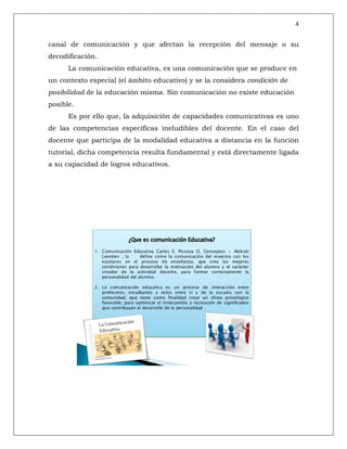 4
canal de comunicación y que afectan la recepción del mensaje o su
decodificación.
La comunicación educativa, es una comunicación que se produce en
un contexto especial (el ámbito educativo) y se la considera condición de
posibilidad de la educación misma. Sin comunicación no existe educación
posible.
Es por ello que, la adquisición de capacidades comunicativas es uno
de las competencias específicas ineludibles del docente. En el caso del
docente que participa de la modalidad educativa a distancia en la función
tutorial, dicha competencia resulta fundamental y está directamente ligada
a su capacidad de logros educativos.
 