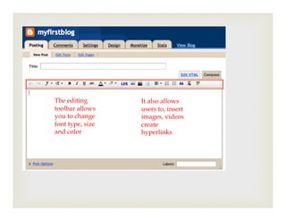 The editing       It also allows
toolbar allows    users to, insert
you to change     images, videos
font type, size   create
and color         hyperlinks
 