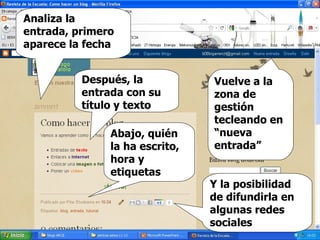 Analiza la entrada, primero aparece la fecha Abajo, quién la ha escrito, hora y etiquetas Después, la entrada con su título y texto Y la posibilidad de difundirla en algunas redes sociales Vuelve a la zona de gestión tecleando en  “nueva entrada” 