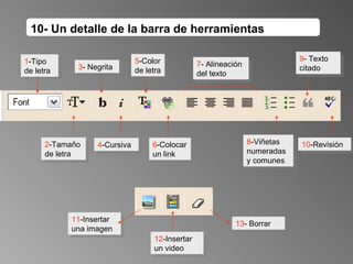 1 -Tipo  de letra 2 -Tamaño de letra 3 - Negrita 4 -Cursiva 5 -Color de letra 6 -Colocar un link 7 - Alineación del texto 8 -Viñetas numeradas y comunes 9 - Texto citado 10 -Revisión 11 -Insertar una imagen 12 -Insertar un video 13 - Borrar 10- Un detalle de la barra de herramientas 