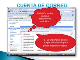 CUENTA DE CORREOInvitación en los correoselectrónicosrecibidos.6.  Es importanteque se acepte la invitaciónparapoderasignarprivilegios.