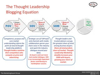 The Thought Leadership
      Blogging Equation




   Competence, purpose and    Strategic use of TLM tools         Thought leaders and
          core market          and channels with media         trusted advisors occupy
   understanding inform the   collaboration garner your      the greatest share of mind
    point of view & thought   share voice in the industry     among business buyers.
      leadership platform.      and spark the industry         Share of mind predicts
   Thought leaders outshine     dialogue around your         share of market. Thought
    their competitors who               ideas.                  Leadership Marketing
     compete on price and       As buyers seek out more        steadily increases your
          advertising.         real market dialogue, SOV          SOM with buyers,
                              is an increasingly important      growing your share of
                                  factor contributing to               market.
                                  marketplace success.



                                                                                          www.marketingsavant.com
The MarketingSavant Group                                                                      Twitter: @danavan
                                                                                                     888.989.7771
 