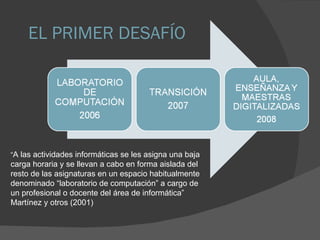 EL PRIMER DESAFÍO “ A las actividades informáticas se les asigna una baja carga horaria y se llevan a cabo en forma aislada del resto de las asignaturas en un espacio habitualmente denominado “laboratorio de computación” a cargo de un profesional o docente del área de informática”  Martínez y otros (2001) 
