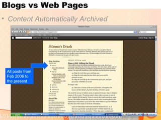 Blogs vs Web Pages <ul><li>Content Automatically Archived </li></ul>All posts from Feb 2006 to the present 
