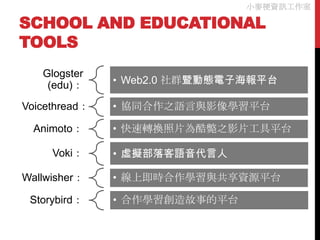 小麥梗資訊工作室

SCHOOL AND EDUCATIONAL
TOOLS
   Glogster
    (edu)：     • Web2.0 社群暨動態電子海報平台

Voicethread：   • 協同合作之語言與影像學習平台

  Animoto：     • 快速轉換照片為酷斃之影片工具平台

     Voki：     • 虛擬部落客語音代言人

Wallwisher：    • 線上即時合作學習與共享資源平台

 Storybird：    • 合作學習創造故事的平台
 