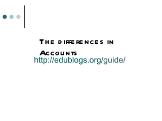 The differences in Accounts http:// edublogs.org /guide/   