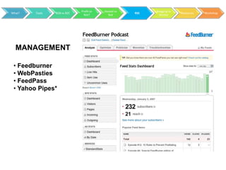 Profit or   Hosted vs         Blogging to
What?   Tools   B2B vs B2C                           RSS                 Resources   Workshop
                               Not?        Not               Market




  MANAGEMENT

 • Feedburner
 • WebPasties
 • FeedPass
 • Yahoo Pipes*
 