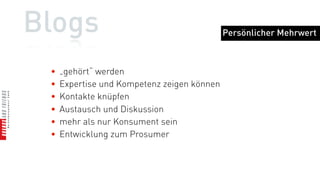 Blogs                                   meine persönlichen Erfolge
 • Aufbau Multi-Autorenblog
    letztendlich entscheidend für heutigen Job, Auszeichnung
    durch das Land OÖ, Reputationsaufbau, ...
 • Social Media Blog
    Nominierung als Onliner des Jahres, Auszeichnung durch
    Fachzeitschriften, Prämierung mit Awards, zeigen von
    Kompetenz, Kontakt zu Neukunden, Einladungen als
    Vortragender, ...
 • Gesundheitsblog
    Präsenz in den Medien, zeigen von Kompetenz abseits der
    Kernprofession, Motivation aus der Community, ...
 