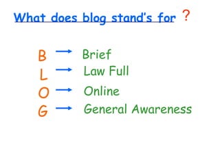 What does blog stand’s for  ? B L O G Law Full Online General Awareness Brief 