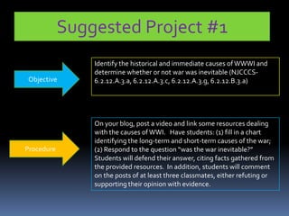 Suggested Project #1
Objective
Identify the historical and immediate causes ofWWWI and
determine whether or not war was inevitable (NJCCCS-
6.2.12.A.3.a, 6.2.12.A.3.c, 6.2.12.A.3.g, 6.2.12.B.3.a)
Procedure
On your blog, post a video and link some resources dealing
with the causes of WWI. Have students: (1) fill in a chart
identifying the long-term and short-term causes of the war;
(2) Respond to the question “was the war inevitable?”
Students will defend their answer, citing facts gathered from
the provided resources. In addition, students will comment
on the posts of at least three classmates, either refuting or
supporting their opinion with evidence.
 