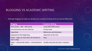 BLOGGING VS ACADEMIC WRITING
• Although blogging can help you develop your academic writing there are several differences
Blogging Academic Writing
Short posts – 300 – 500 words Long 2500-3000 words
Less formal but not too informal Formal style
Hyperlinks References and footnotes
Argument at the beginning Argument at the end
Quick – takes no more than 10 minutes to
start a blog
Days
Open – shared with others – commented on
etc
Usually only seen by tutor / assessor
Source: How to: Academic Blogging LSE Impact
 