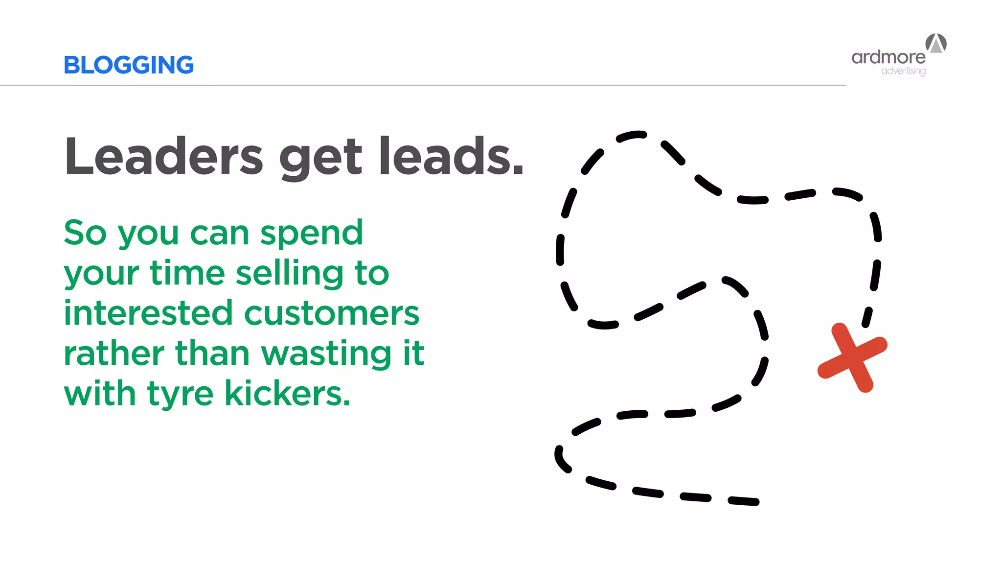 BLOGGING
So you can spend
your time selling to
interested customers
rather than wasting it
with tyre kickers.
Leaders get leads.
 