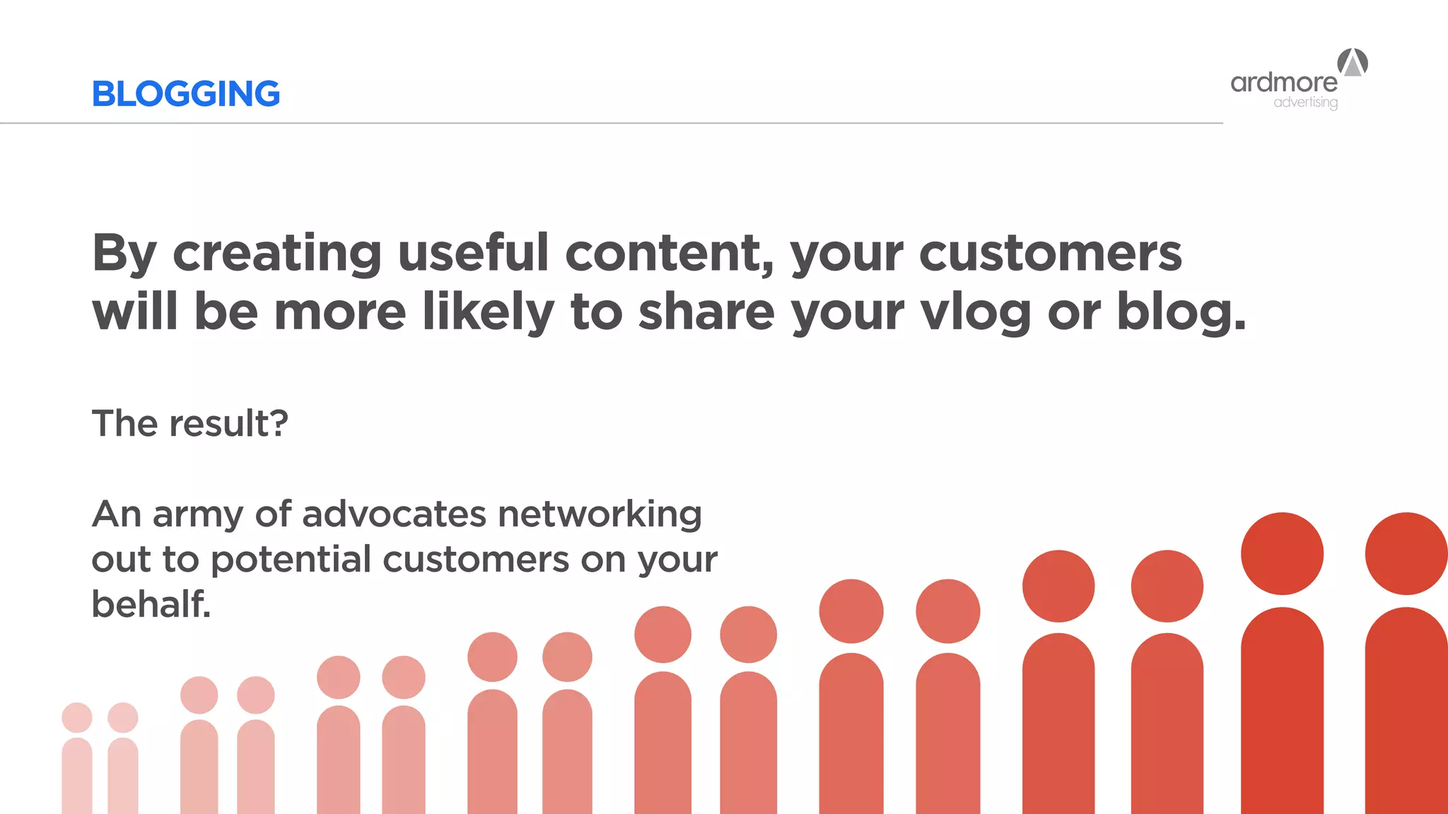 BLOGGING
By creating useful content, your customers
will be more likely to share your vlog or blog.
The result?
An army of advocates networking
out to potential customers on your
behalf.
 