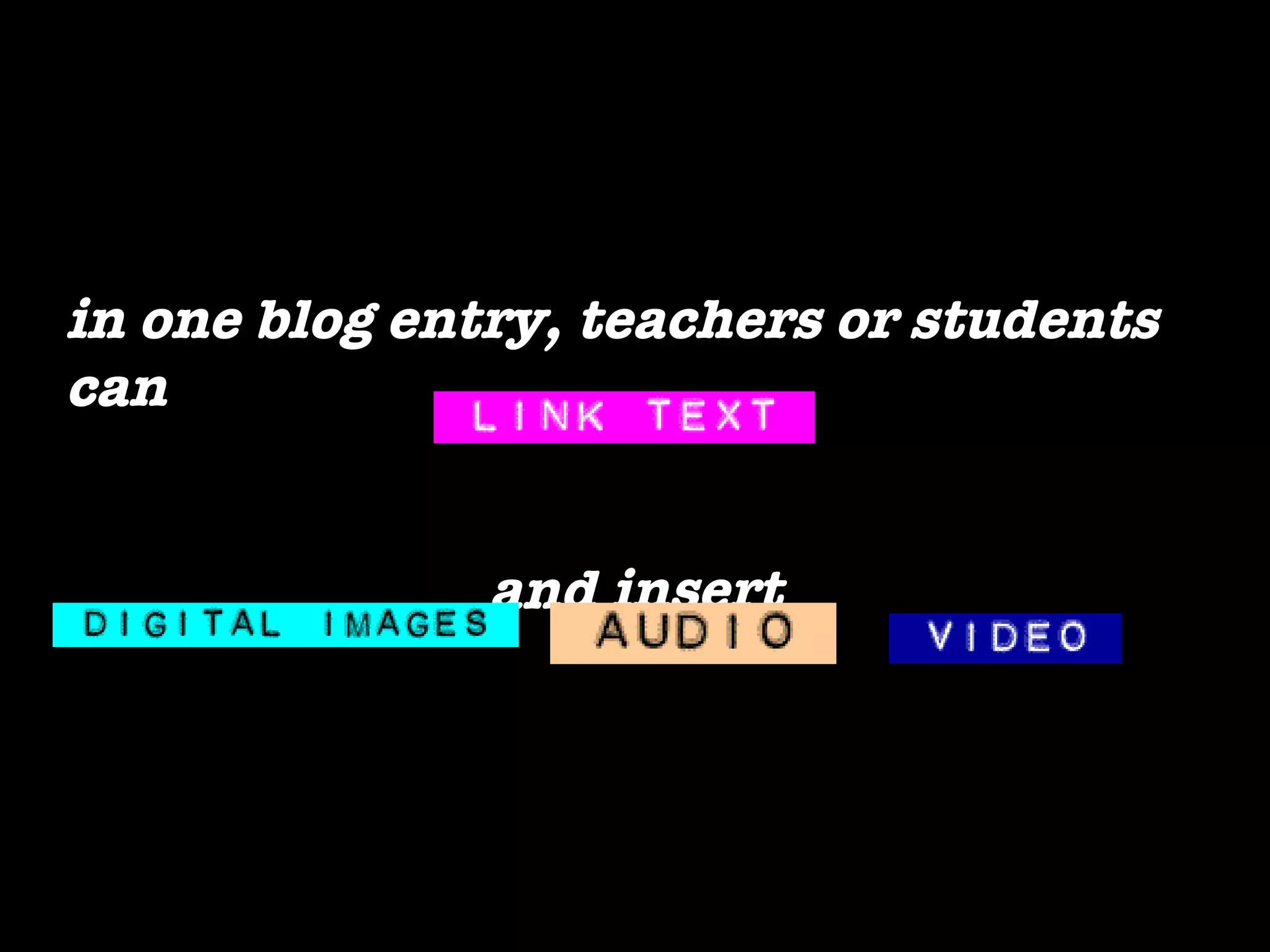 What can I do with blogs? in one blog entry, teachers or students can   and insert 