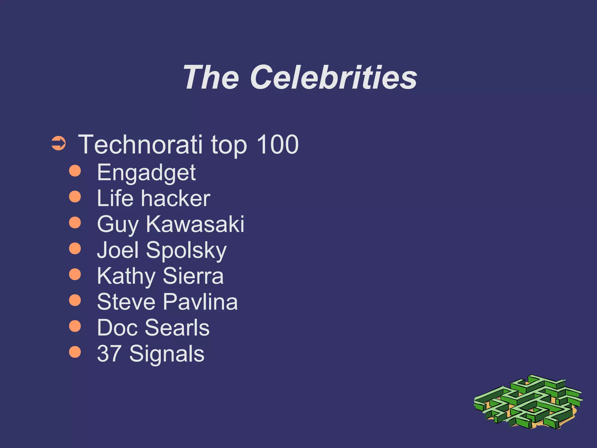 The Celebrities Technorati top 100 Engadget Life hacker Guy Kawasaki Joel Spolsky Kathy Sierra Steve Pavlina Doc Searls 37 Signals 