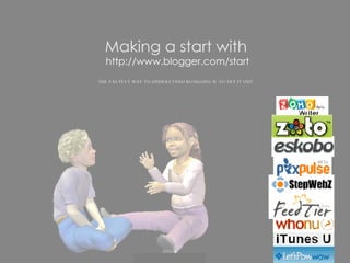 Making a start with   http://www.blogger.com/start THE FASTEST WAY TO UNDERSTAND BLOGGING IS TO TRY IT OUT.  