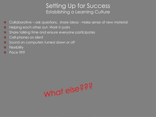 Setting Up for Success Establishing a Learning Culture Collaborative – ask questions,  share ideas - make sense of new material Helping each other out- Work in pairs Share talking time and ensure everyone participates Cell-phones on silent Sound on computers turned down or off Flexibility Pace ??? What else??? 