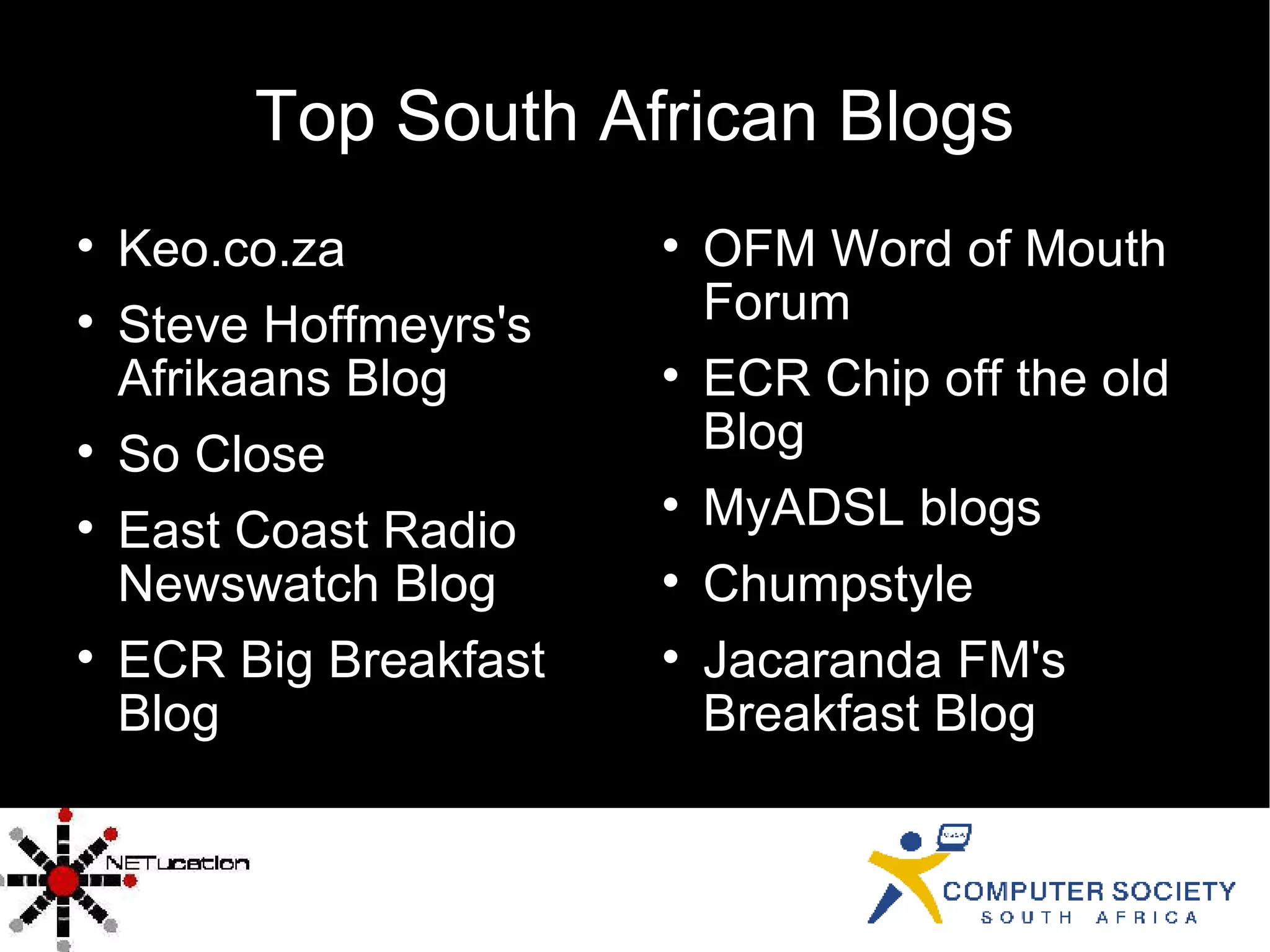 Top South African Blogs Keo.co.za Steve Hoffmeyrs's Afrikaans Blog So Close East Coast Radio Newswatch Blog ECR Big Breakfast Blog OFM Word of Mouth Forum ECR Chip off the old Blog MyADSL blogs Chumpstyle Jacaranda FM's Breakfast Blog 