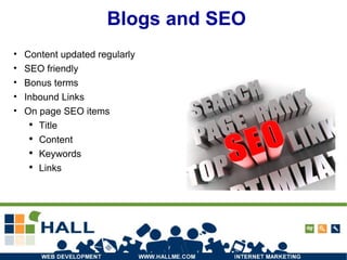 Blogs and SEO Content updated regularly SEO friendly Bonus terms Inbound Links On page SEO items Title Content Keywords Links 