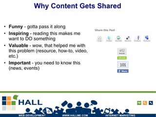 Funny  - gotta pass it along Inspiring  - reading this makes me want to DO something Valuable  - wow, that helped me with this problem (resource, how-to, video, etc.) Important  - you need to know this (news, events) Why Content Gets Shared 