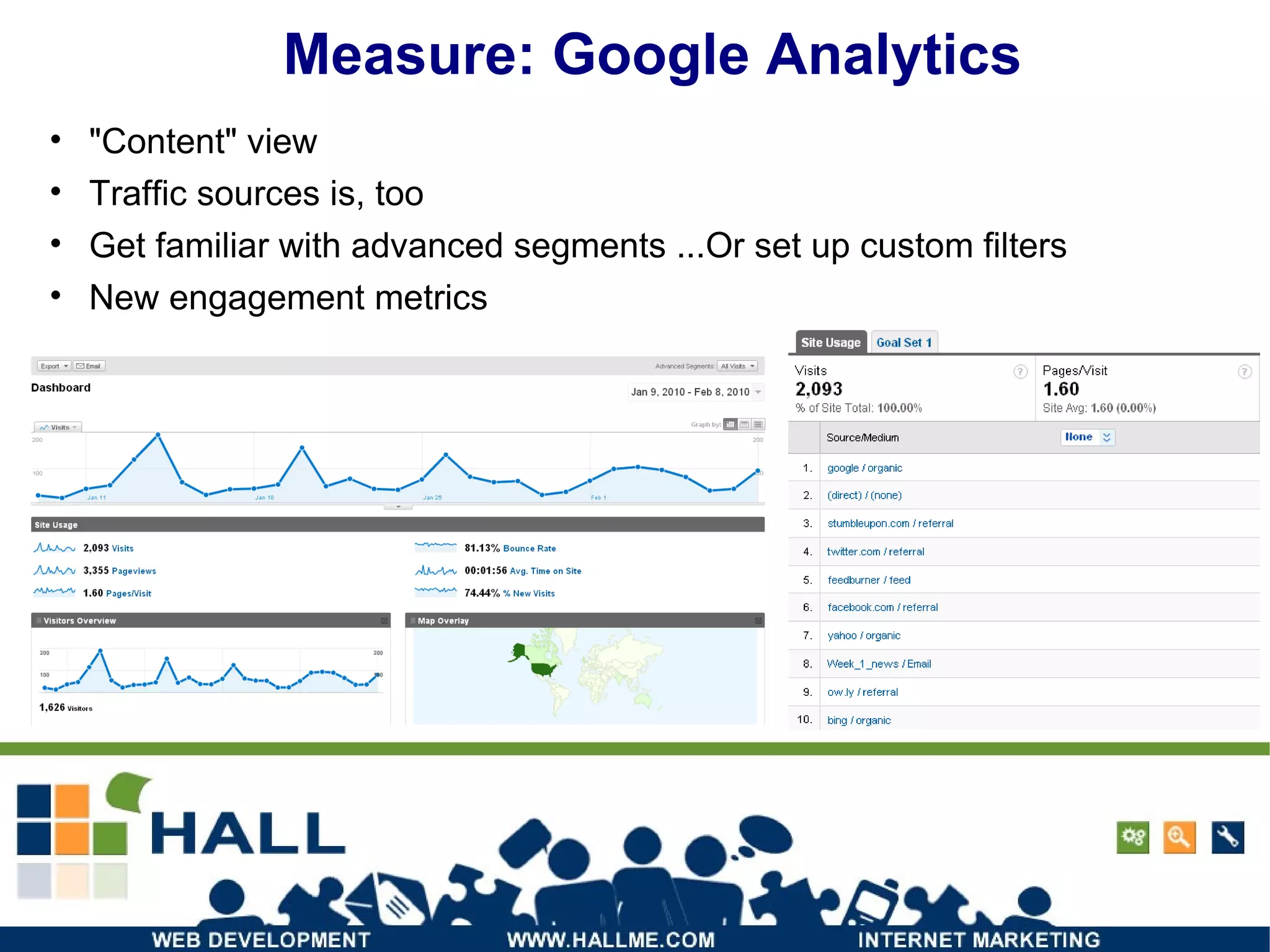 Measure: Google Analytics "Content" view Traffic sources is, too Get familiar with advanced segments ...Or set up custom filters New engagement metrics 
