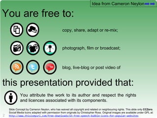 You are free to: copy, share, adapt or re-mix; photograph, film or broadcast; blog, live-blog or post video of this presentation provided that: You attribute the work to its author and respect the rights and licences associated with its components. Idea from Cameron Neylon Slide Concept by Cameron Neylon, who has waived all copyright and related or neighbouring rights. This slide only  CCZero . Social Media Icons adapted with permission from originals by Christopher Ross. Original images are available under GPL at: http://www.thisismyurl.com/free-downloads/15-free-speech-bubble-icons-for-popular-websites   