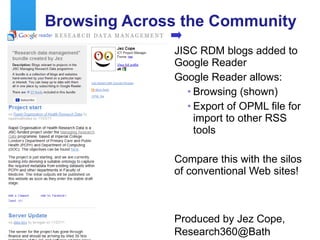 Browsing Across the Community JISC RDM blogs added to Google Reader Google Reader allows: Browsing (shown) Export of OPML file for import to other RSS tools Compare this with the silos of conventional Web sites! Produced by Jez Cope,  [email_address] 